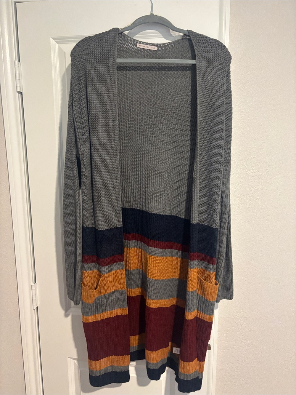 Active USA Gray Open-Front Cardigan with Mustard and Burgundy Stripes
